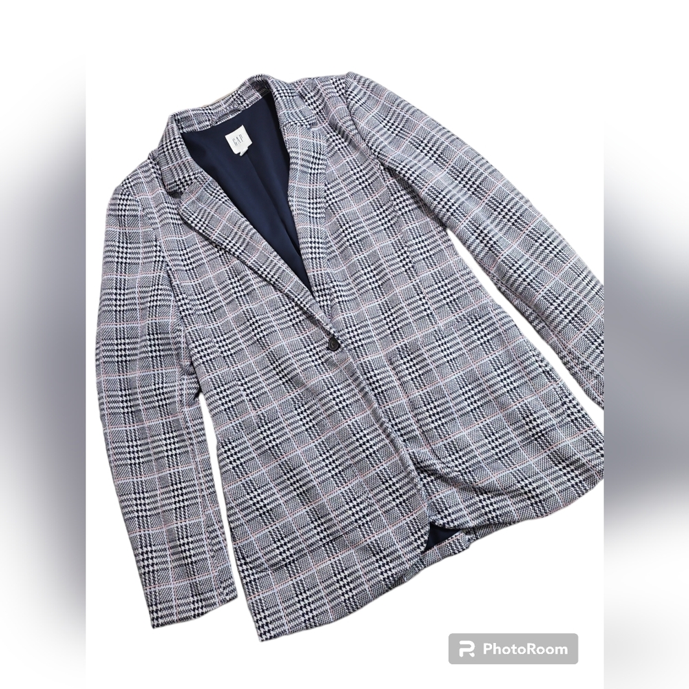 Gap Women's Plaid Blazer Size 12 Tall Single Breasted Button Closure Navy Pink